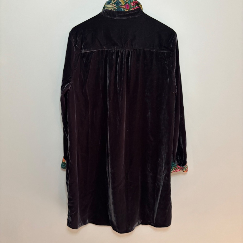 Natural Life Velvet Shirt Dress Womens L Navy Blue Floral Cuff Button Up Boho - Picture 3 of 10